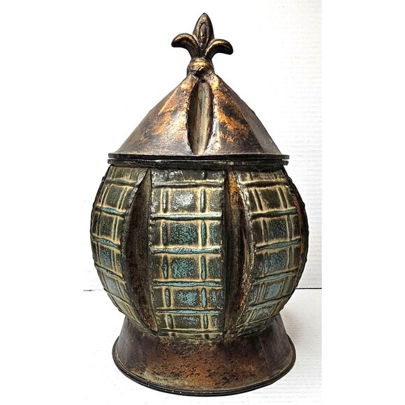 Multicolor Metal Decorative Jar With Lid Fleur De Lis - Picture 1 of 11